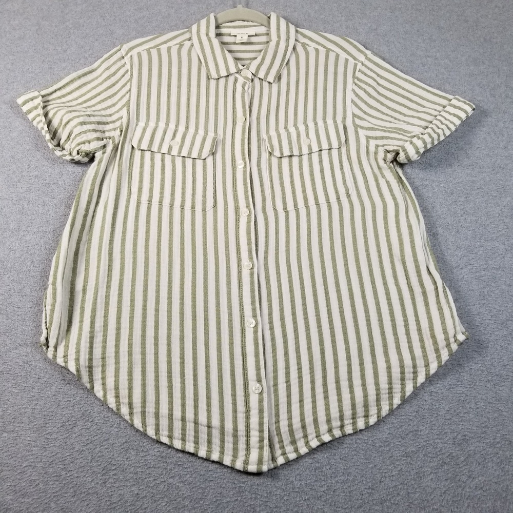 a.n.a Button Up Shirt Women's M Medium Green White Striped See Through Gauze Top